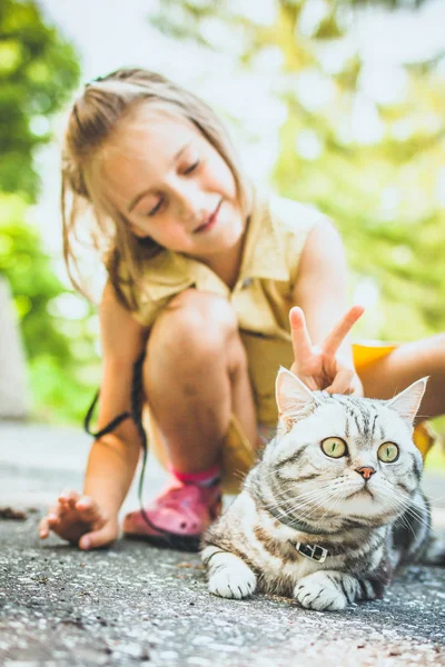 Kleines Mädchen mit einer Katze im Freien — Stockfoto