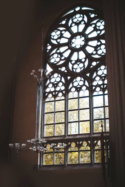 Stained glass window old church interior — Stock Photo, Image