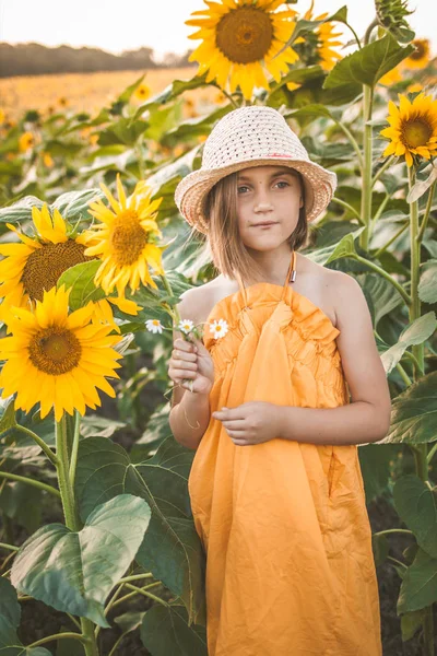 Retrato de menina bonito no campo de girassóis — Fotografia de Stock