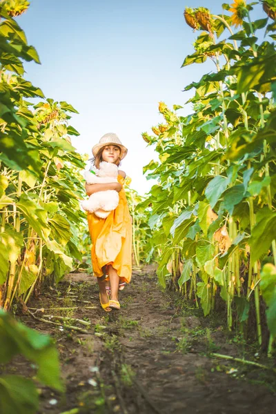 Портрет милої дівчини в полі соняшників — стокове фото