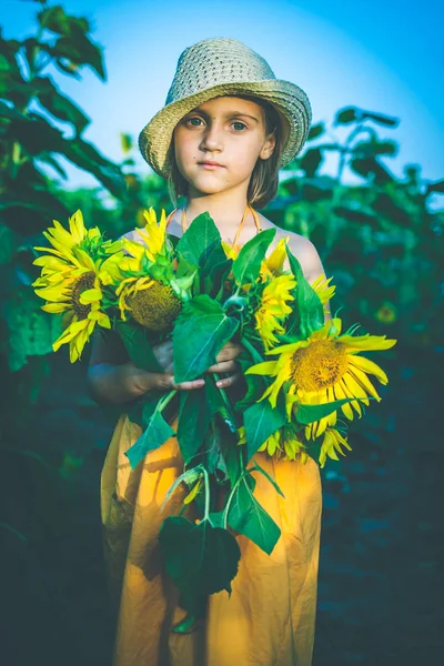 Porträt des netten Mädchens im Sonnenblumenfeld — Stockfoto