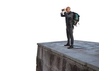 Businessman with backpack and binoculars watching clipart