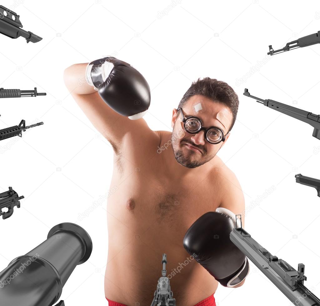  weapons pointed on a goofy boxer