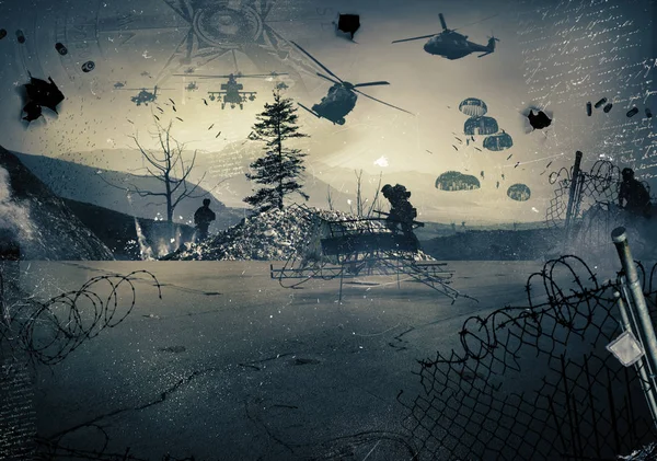 Een landschap oorlog met militaire helikopters — Stockfoto