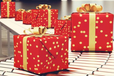 Xmas hediye kutusu konveyör rulo üzerinde. 3D render
