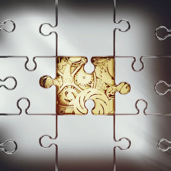 Ingranaggio dorato coperto da un puzzle — Foto Stock