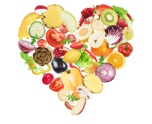 Vegetables and fruits forming a heart.