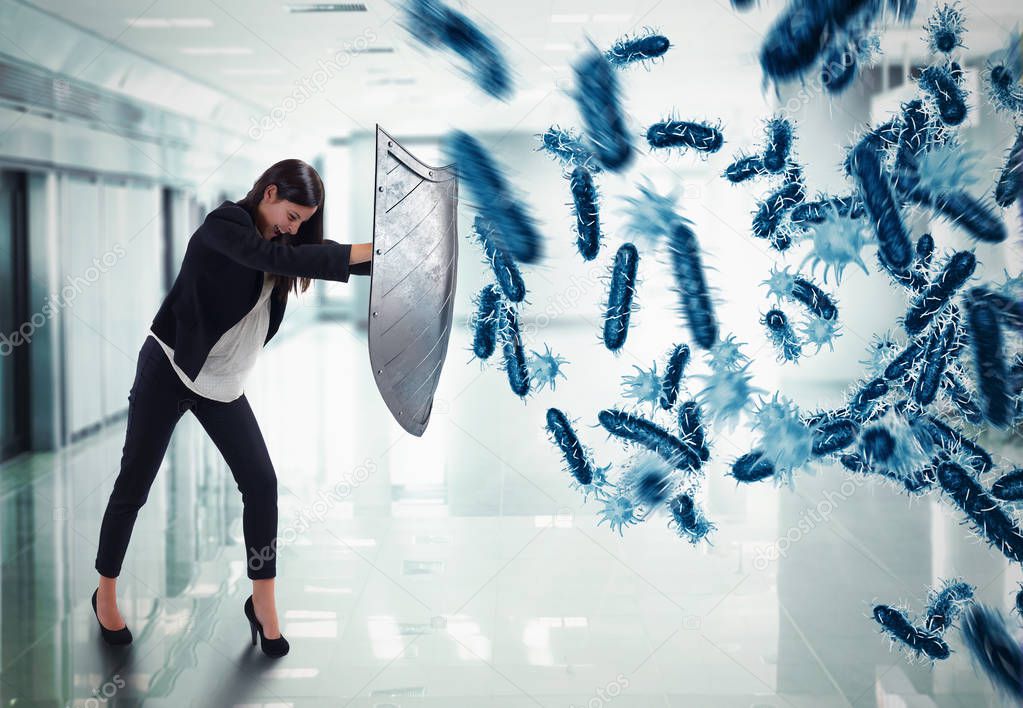 woman protects with the shield 