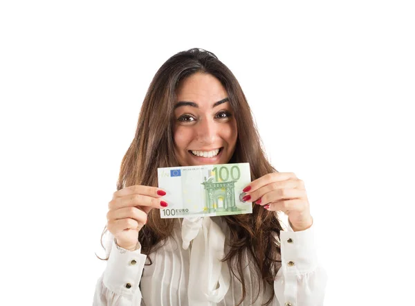 Businesswoman shows a  banknote — Stock Photo, Image
