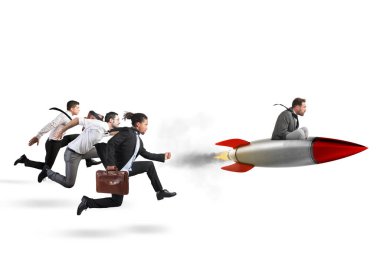 Businessman flying  with rocket 