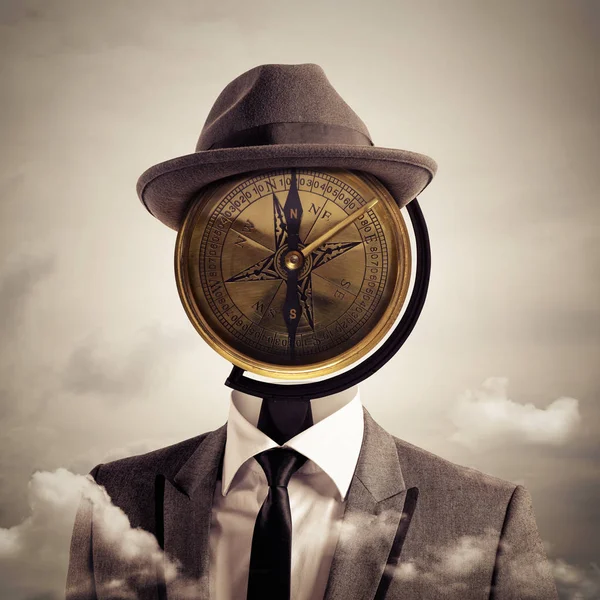 Man with a vintage compass as head — Stock Photo, Image