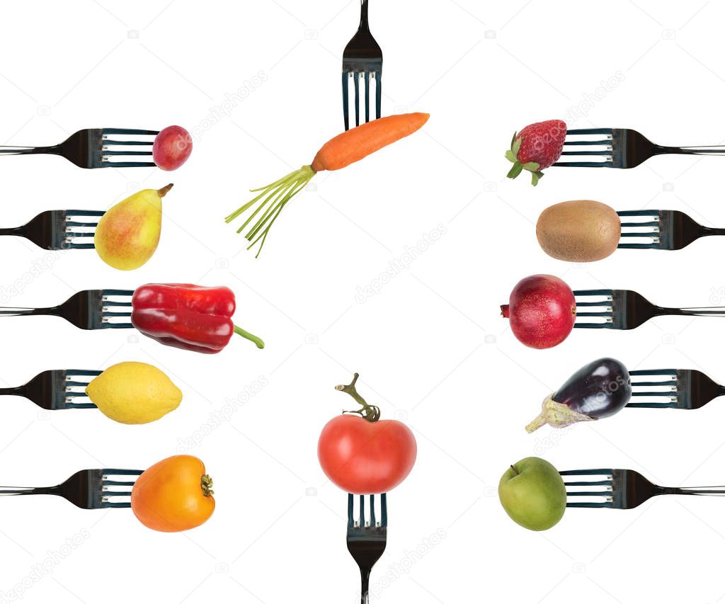 forks with various vegetables and fruits.