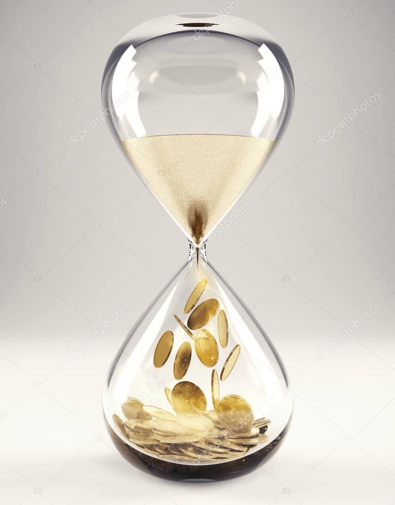 Hourglass with sand and gold money