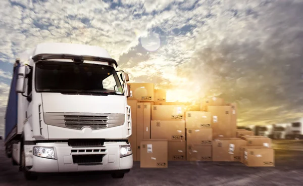 Truck in a deposit with packages ready to start — Stock Photo, Image