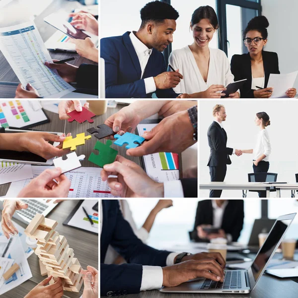Vida de negocios collage. Concepto de trabajo en equipo, asociación y puesta en marcha —  Fotos de Stock