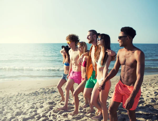 Skupina happy přátelé baví na pláži u oceánu — Stock fotografie