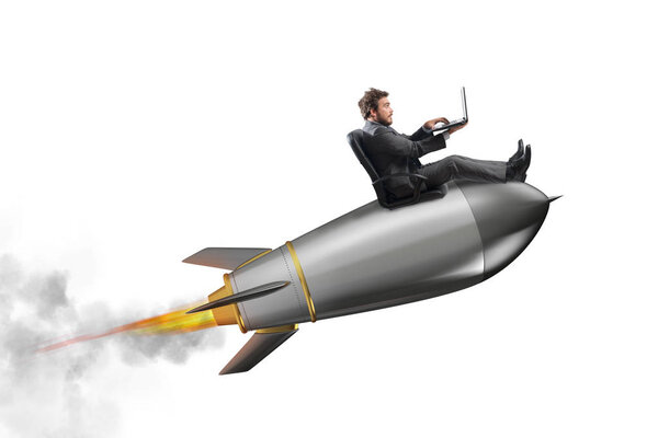 Businessman on  a small rocket. 