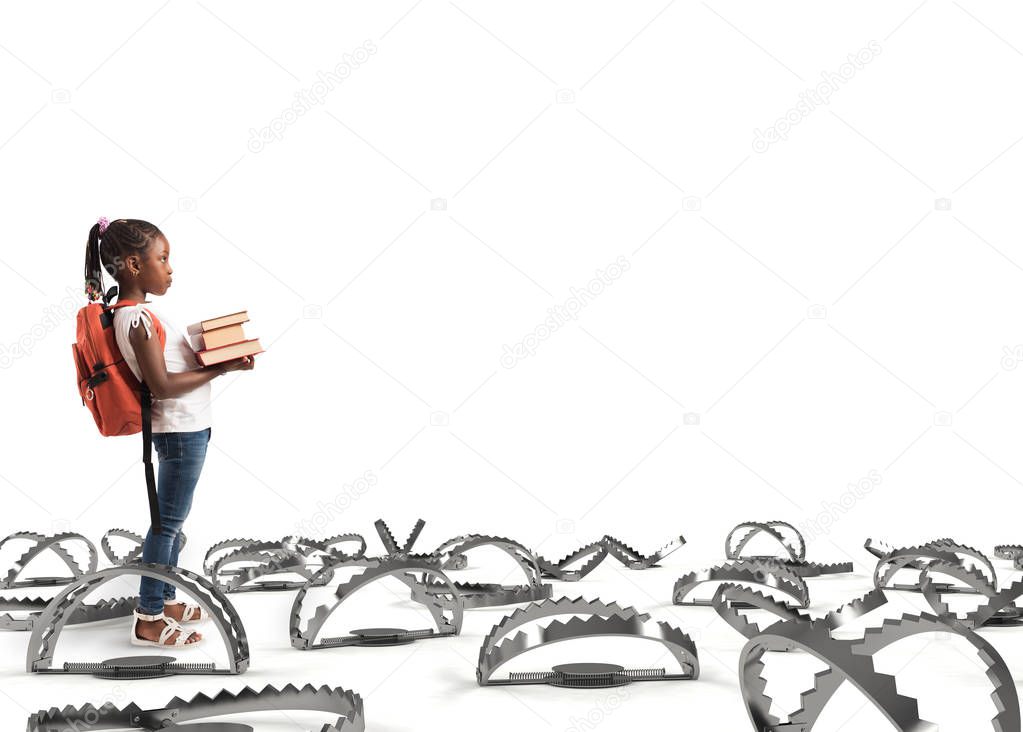 girl standing with books near traps