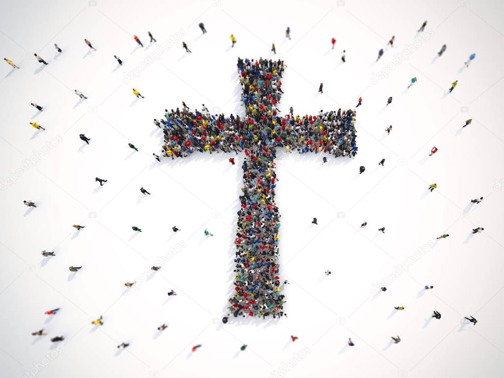 Many people together in a crucifix shape.