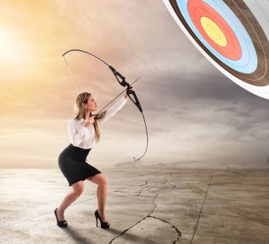 Businesswoman with bow and arrow pointing clipart