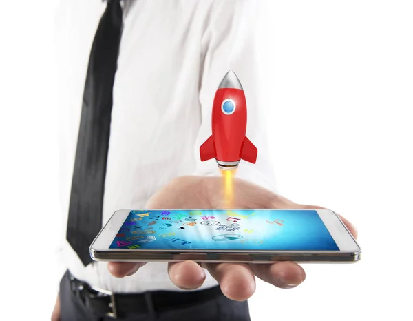 Small rocket starts from the cell phone — Stock Photo, Image