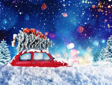 Eski model araba ile Noel ağacı ve gece ışık efekti hediyelerle. 3D render