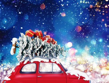 Vintage car with Christmas tree and presents with night light effect. 3d rendering clipart