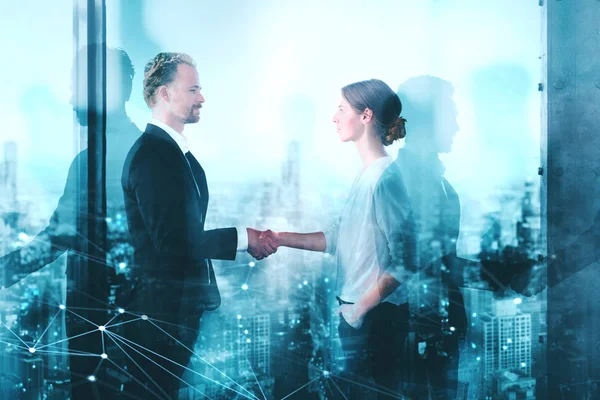 Handshake Två Affärsmän Ett Modernt Kontor Med Nätverket Effekt Begreppet — Stockfoto