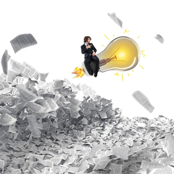 Businessman flies on a light bulb between a pile of sheets. 3D Rendering