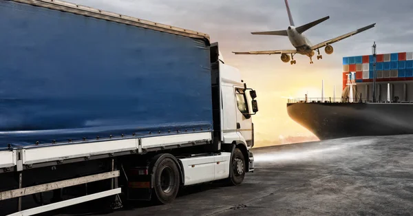 Truck Aircraft Cargo Ship Ready Start Deliver Packages — Stock Photo, Image