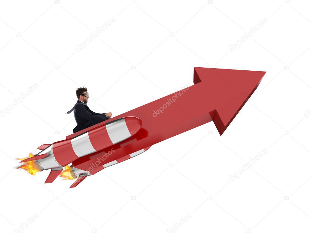 Business flying on  arrow with rockets. 3D Rendering