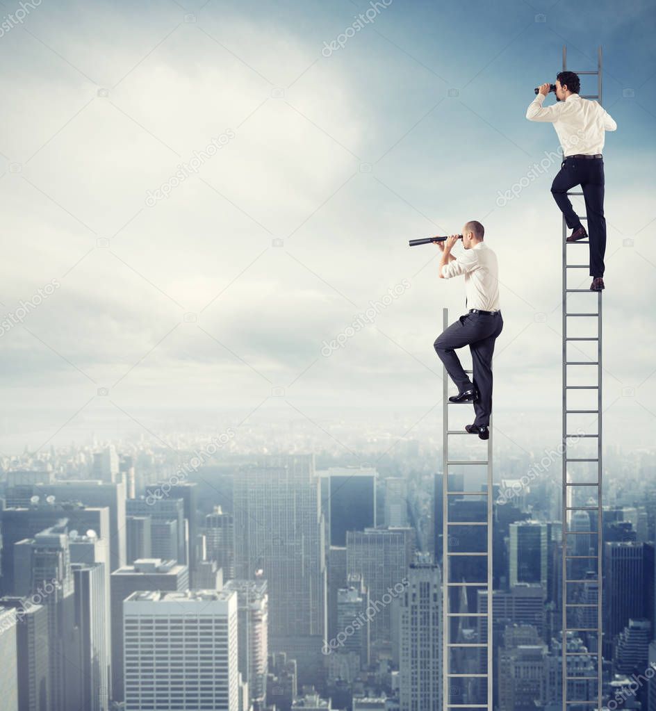 Business people on a ladder into the sky watching with binoculars. Concept of new opportunities