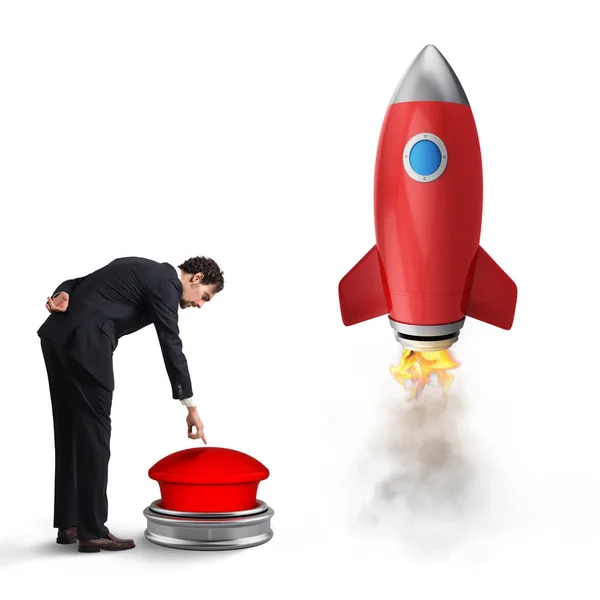 Concept Innovation Entrepreneurship Rendering Businessman Launching Rocket Pushing Red Button — Stock Photo, Image