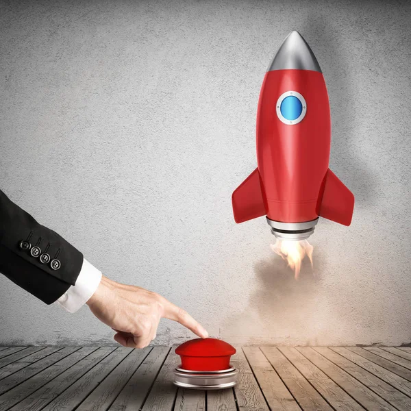 Geschäftsmann Startet Rakete Und Drückt Einen Roten Knopf Darstellung — Stockfoto