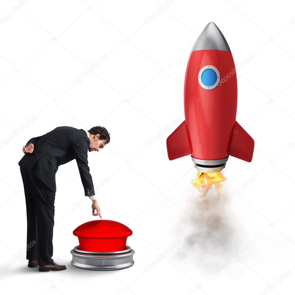 Concept of innovation and entrepreneurship. 3D Rendering. Businessman launching rocket pushing a red button.
