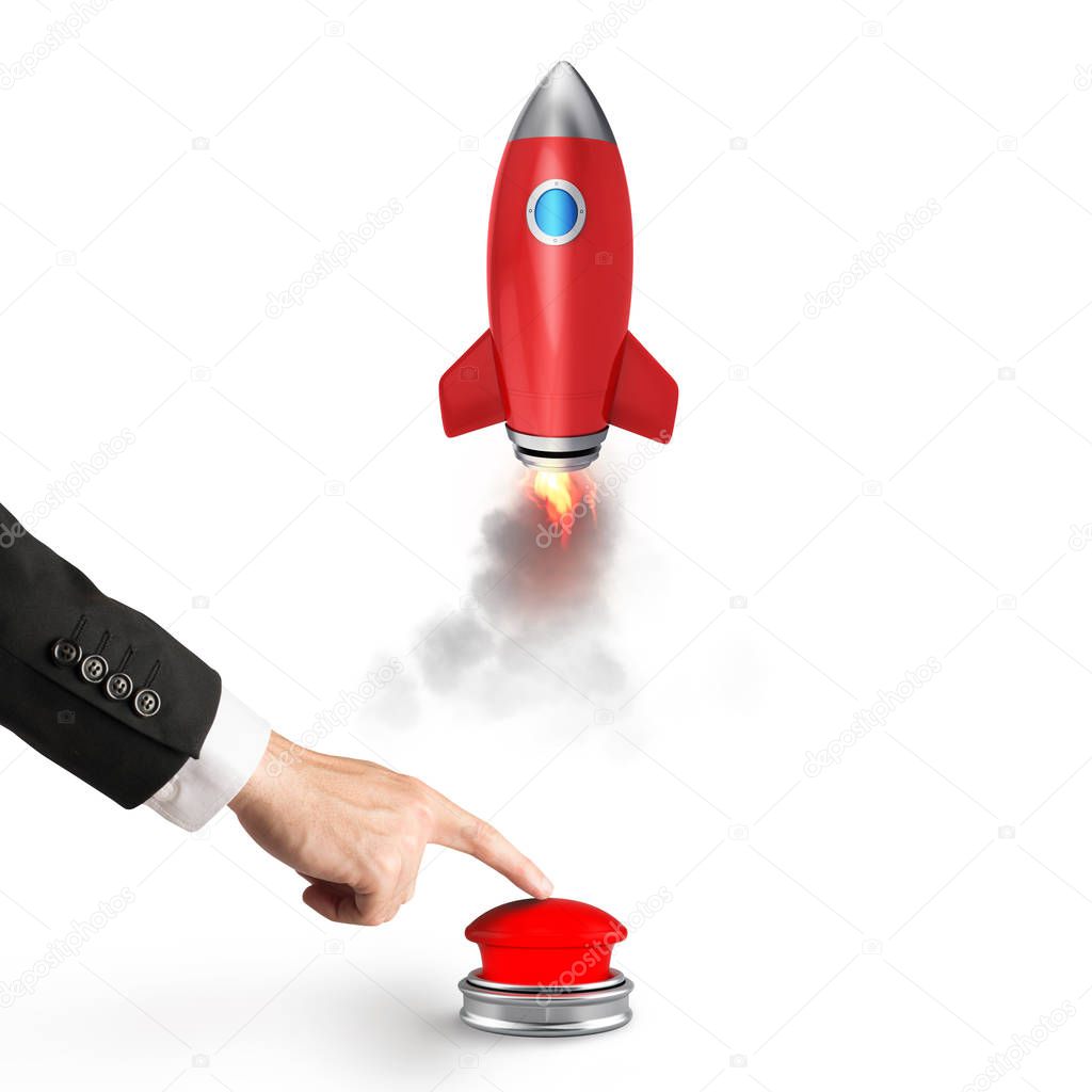 Businessman launching  rocket pushing a red button. 3D Rendering