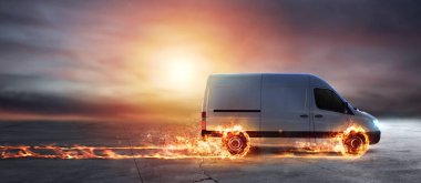 Super fast delivery of package service. van with wheels on fire on the road clipart