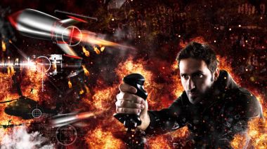 Adam bir savaş savaş videogames joystick ile çalış