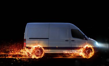 Paket servisinin süper hızlı teslimatı. Yolda tekerlekleri yanan bir minibüs.