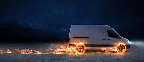 Superschnelle Lieferung Von Paketdiensten Kleintransporter Mit Brennenden Rädern Unterwegs — Stockfoto