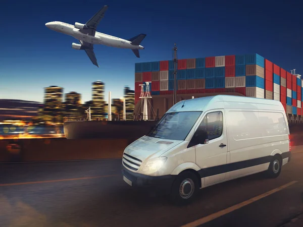 Van, aircraft and cargo ship — Stock Photo, Image