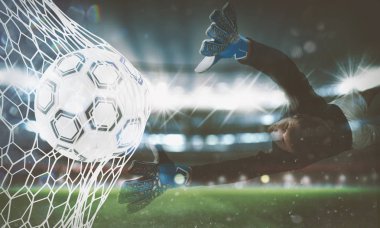 Bir futbol topu arka plan net bir hedef puanları. 3D render