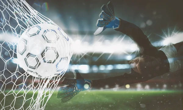 Contexte d'un ballon de football marque un but sur le filet. Rendu 3D — Photo