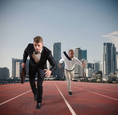 Businessman acts like a runner. Competition and challenge in business concept clipart