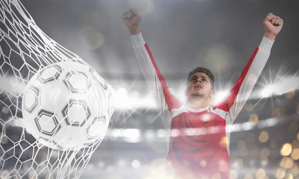 Bakgrund av en fotboll gör mål på nätet. 3D-rendering — Stockfoto