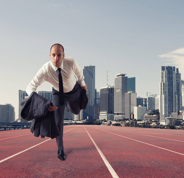 Businessman acts like a runner. Competition and challenge in business concept