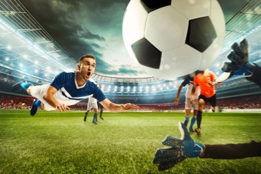 Football scene with competing football players at the stadium. 3D Rendering clipart