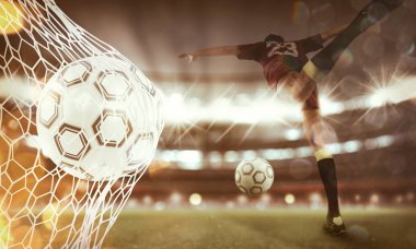 Bir futbol topu arka plan net bir hedef puanları. 3D render