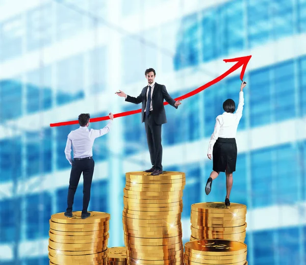 Business team draws growing arrow of company statistics over the piles of money — Stock Photo, Image