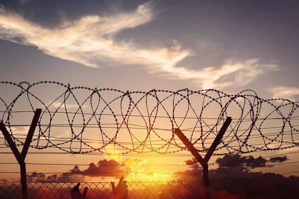 Silhouet van twee handen op een hek bij zonsondergang — Stockfoto